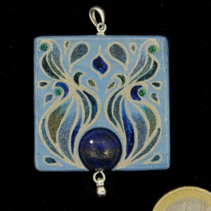 Anhänger Jugendstil quadratisch hellblau mit Lapislazuli u. 4 grünen Kristallglassteinen - Unikat Nr. 814