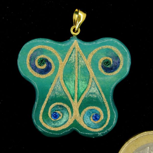 Anhänger Jugendstil türkis-gold mit blauen + grünen Kristallglassteinen - Unikat Nr. 835